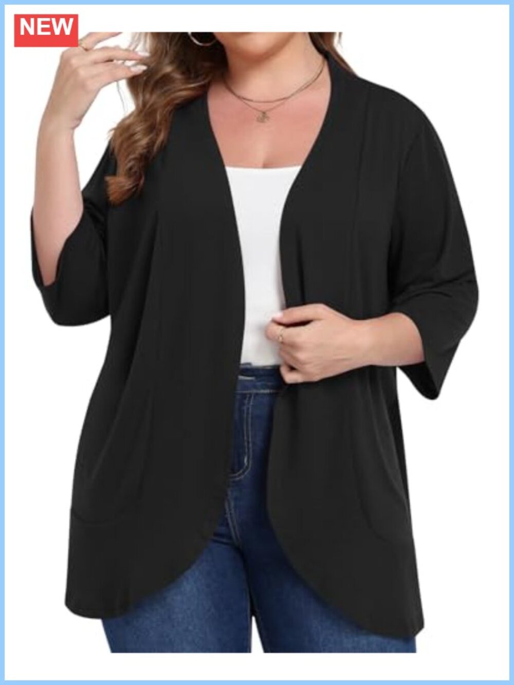Plus Size Lightweight Open Front Cardigan 3/4 Sleeve Casual Layer